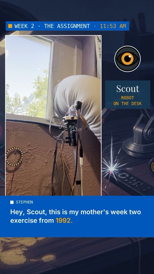 Scout, a small robot on an arm, by the window